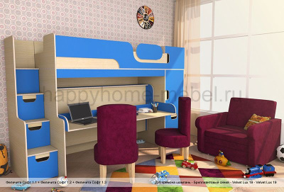 ДВУХЪЯРУСНАЯ КРОВАТЬ-СТОЛ (ТРАНСФОРМЕР) FELICITA SOFT 1 TEXTILE С ДИВАНОМ И СТУЛОМ