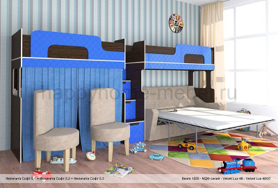 КОМПЛЕКС ИЗ ЧЕРДАКОВ С ДИВАНОМ И РАБОЧИМ МЕСТОМ ВНИЗУ FELICITA SOFT 5 MDF СО СТУЛЬЯМИ И ТЕКСТИЛЕМ