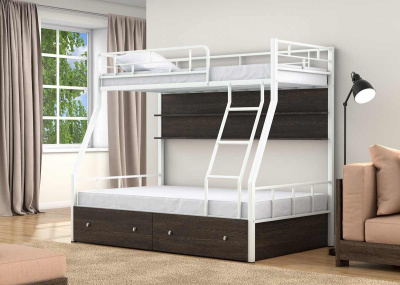 ДВУХЪЯРУСНАЯ МЕТАЛЛИЧЕСКАЯ КРОВАТЬ РАУТА С ПОЛКАМИ И ЯЩИКАМИ