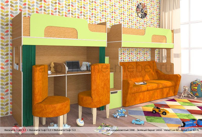 КОМПЛЕКС ИЗ ЧЕРДАКОВ С ДИВАНОМ И РАБОЧИМ МЕСТОМ ВНИЗУ FELICITA SOFT 5 STANDARD СО СТУЛЬЯМИ И ТЕКСТИЛЕМ