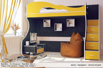 КРОВАТЬ-ЧЕРДАК BAMBINI DIVANNO 3.2 + ТУМБА 16.2 + КРЕСЛО-ПУФ VELVET LUX + ПОЛКА HAPPY KIDS 1
