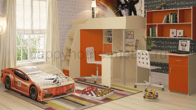 КРОВАТЬ-ЧЕРДАК ОРБИТА 1 МЕДИУМ + КРОВАТЬ-МАШИНА ЛАМБОРДЖИНИ + ПОЛКА + СТОЛ